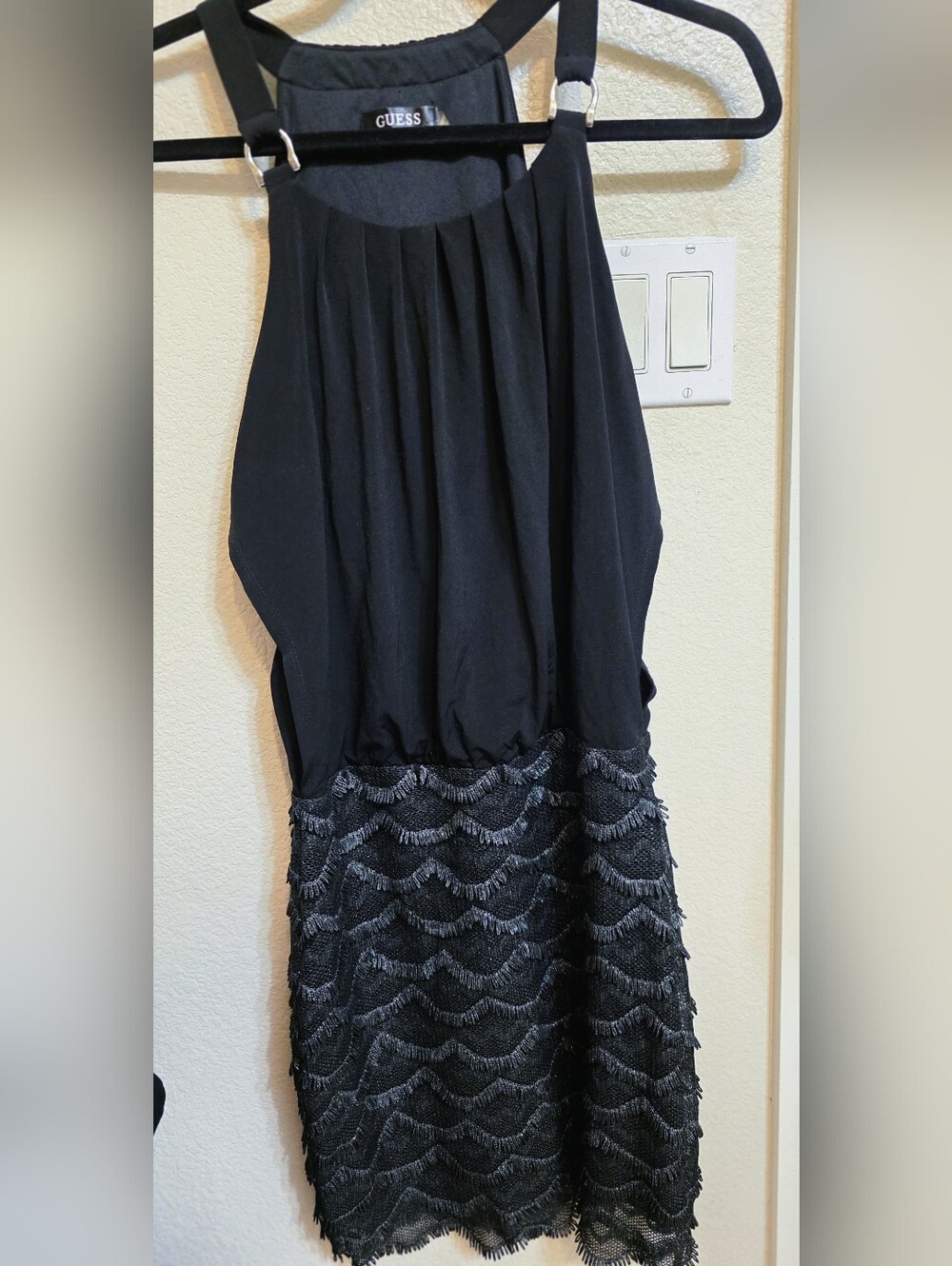GUESS Black Mini Dress with Scalloped Lace Skirt, EUC